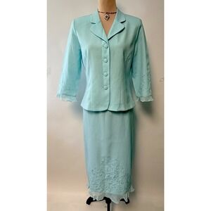 Vintage Women Skirt Suit Aqua Blue 2 PC Embroidered Sheer Ruffle Trim Sz 8 Glam